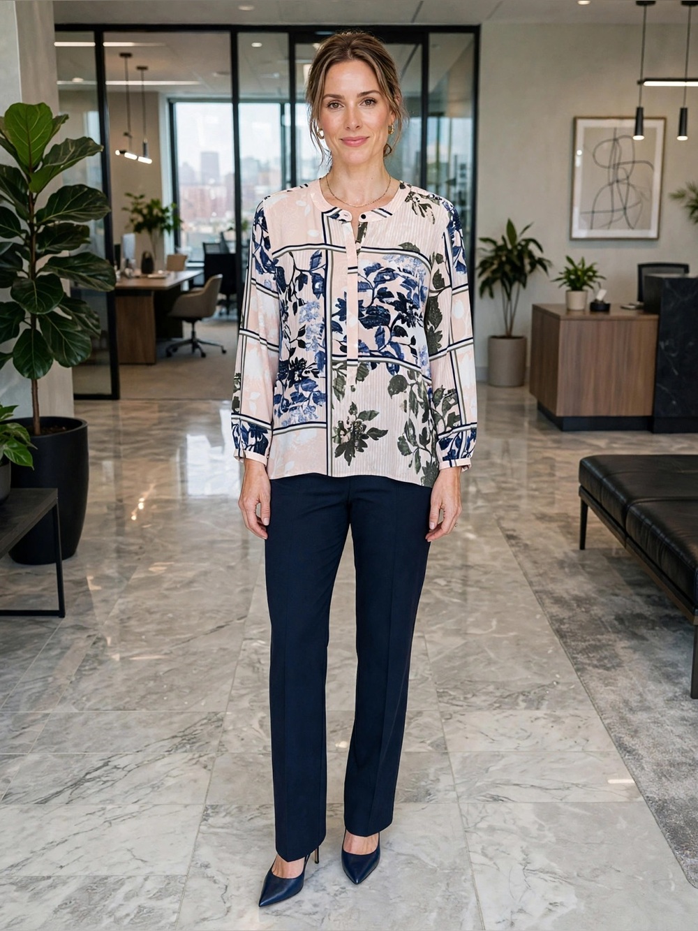 JM Collection Pale Pink Floral Grid Henley Tunic with Navy and Green Motifs